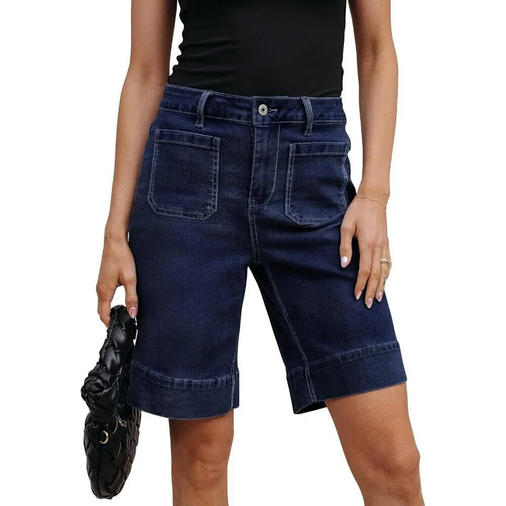 High Waist Denim Bermuda Shorts Women Casual Stretchy Patch Pockets